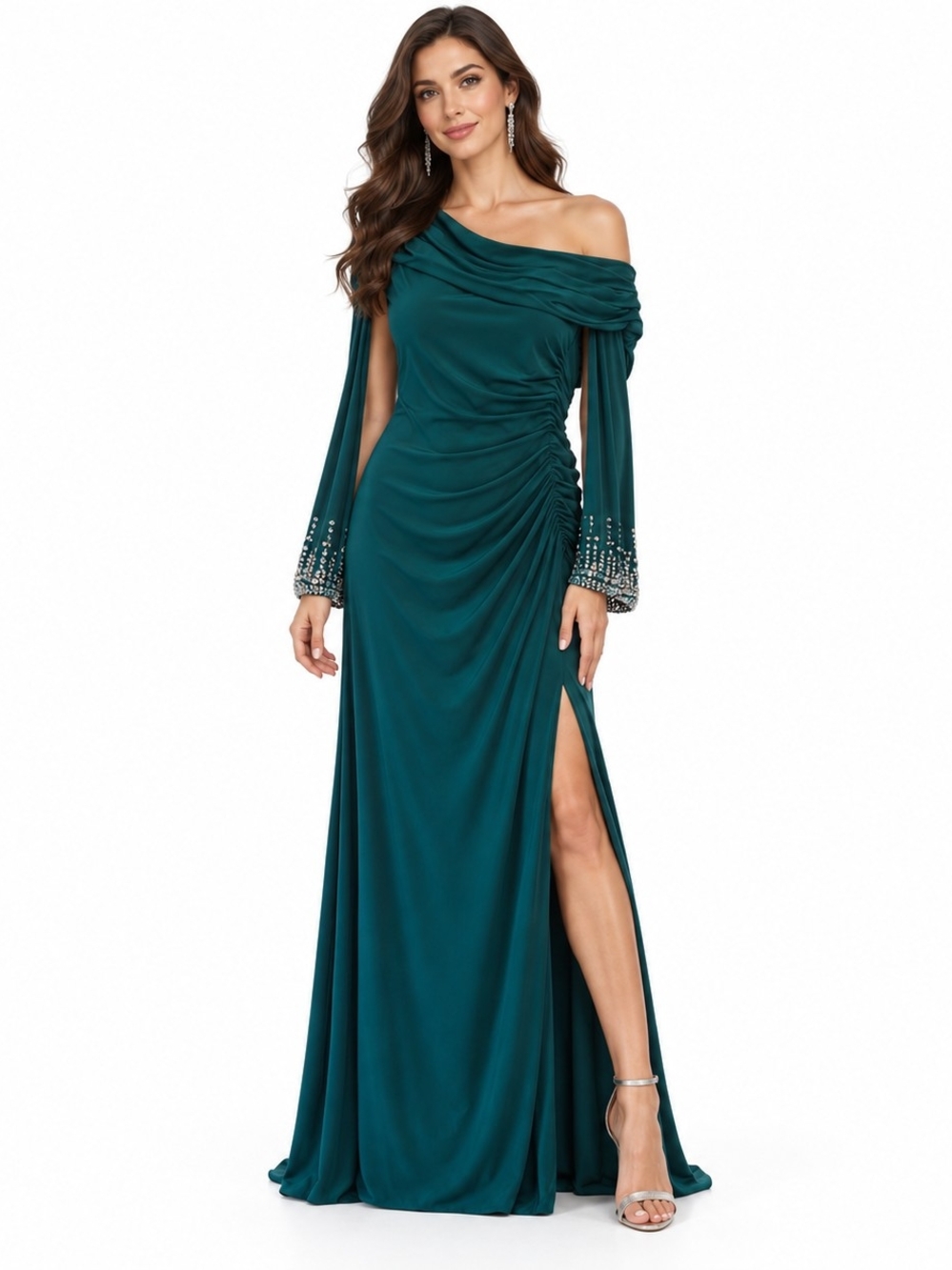 Mac Duggal Green One-Shoulder Evening Gown with Beaded Cuffs